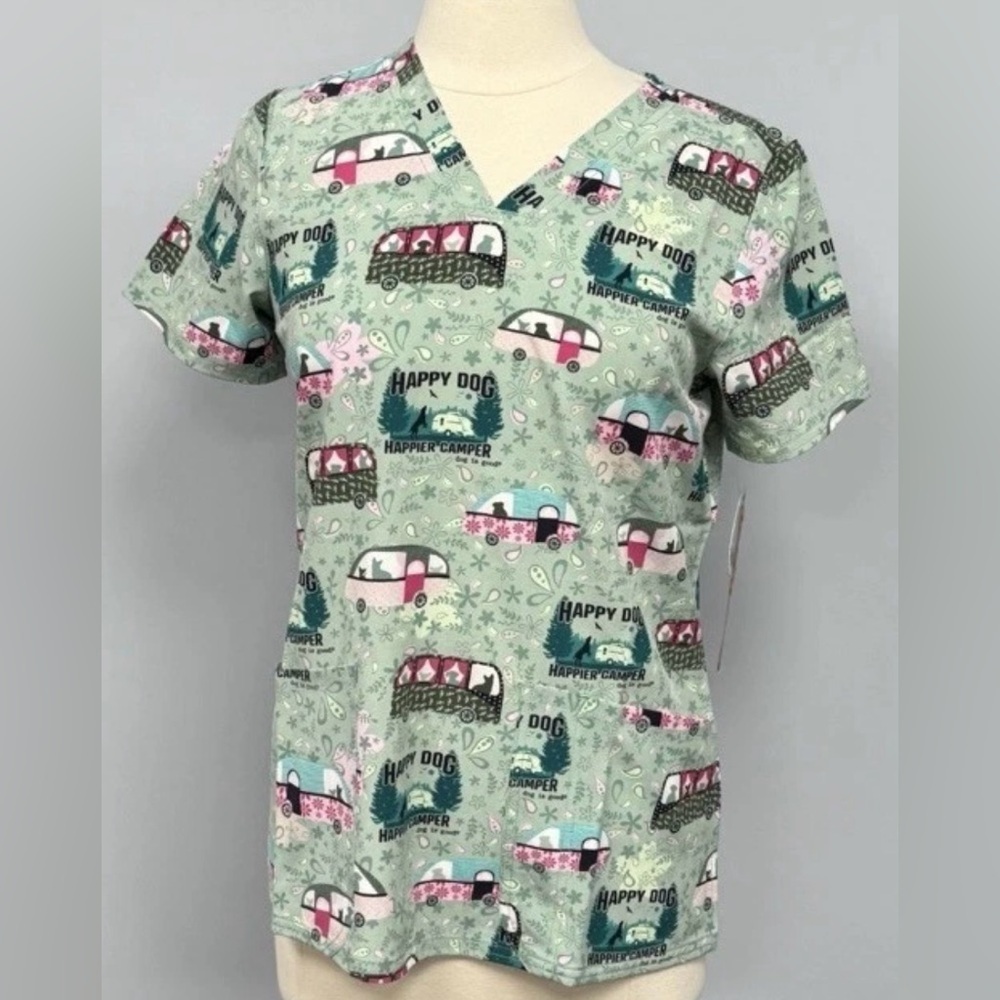 NWT Cherokee Dog Is Good Scrub Top S Green Happy Camper Dogs Scrubs Vet Tech